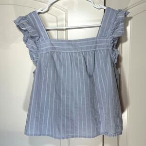 Light Blue Striped Ruffle Shoulder Blouse